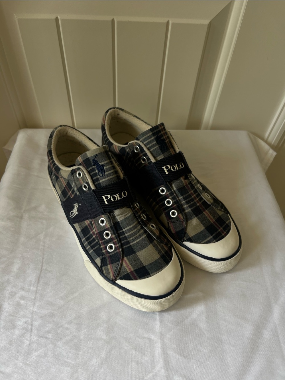 Polo by Ralph Lauren Kids Plaid Slip-On Sneakers in Navy and Cream
